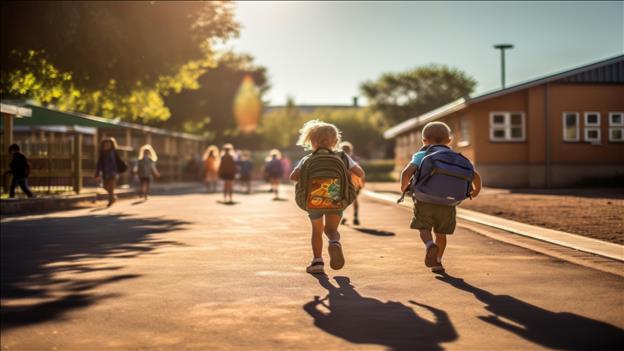 Students wearing back packs going back to school